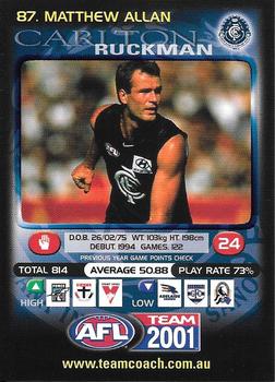 2001 Team Zone AFL Team #87 Matthew Allan Front